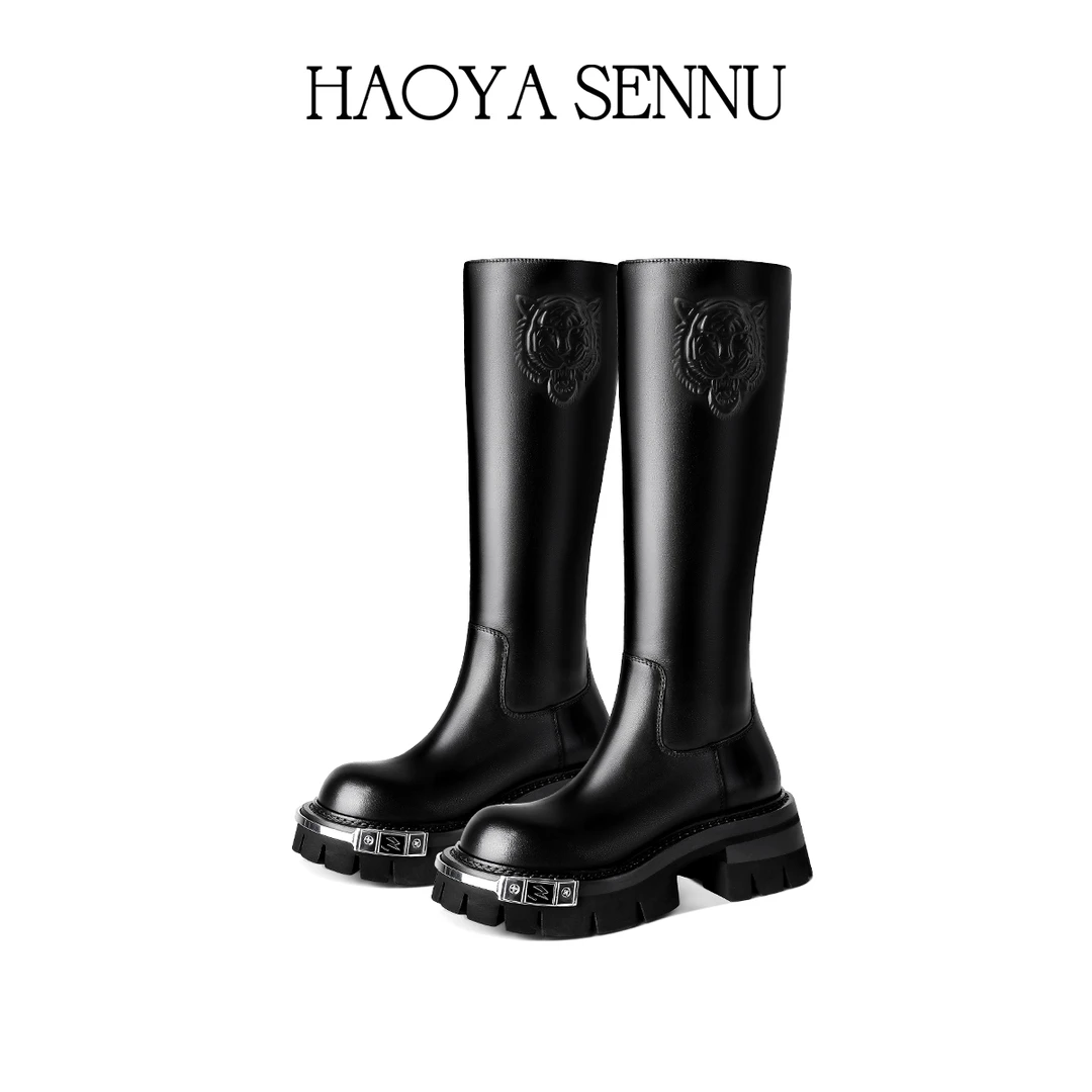 HYSN/明星街拍潮款厚底增高骑士靴设计师新款胎牛皮马术靴皮靴