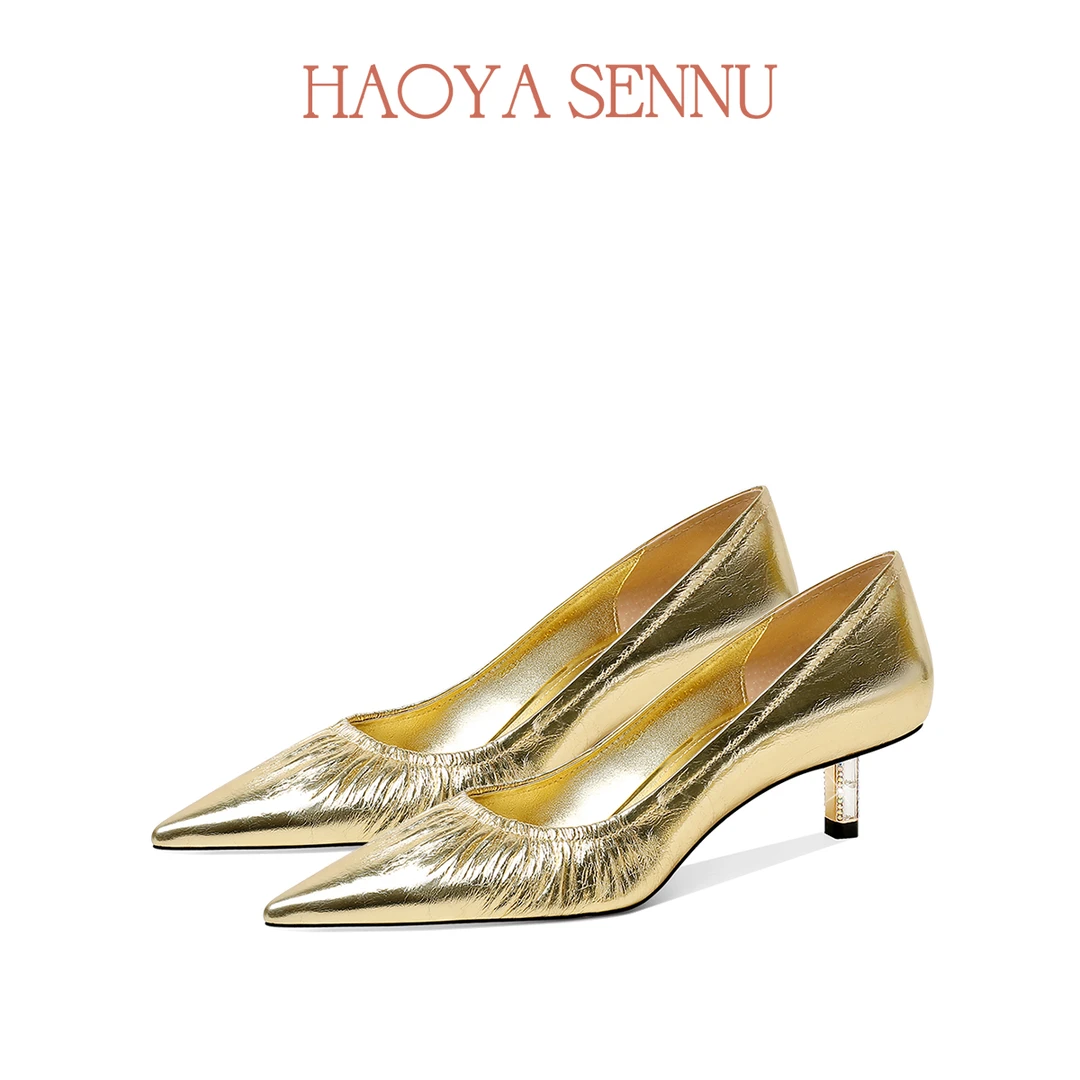 “和平饭店”金色宴会单鞋2024新款自然褶皱胎牛皮尖头细跟高跟鞋