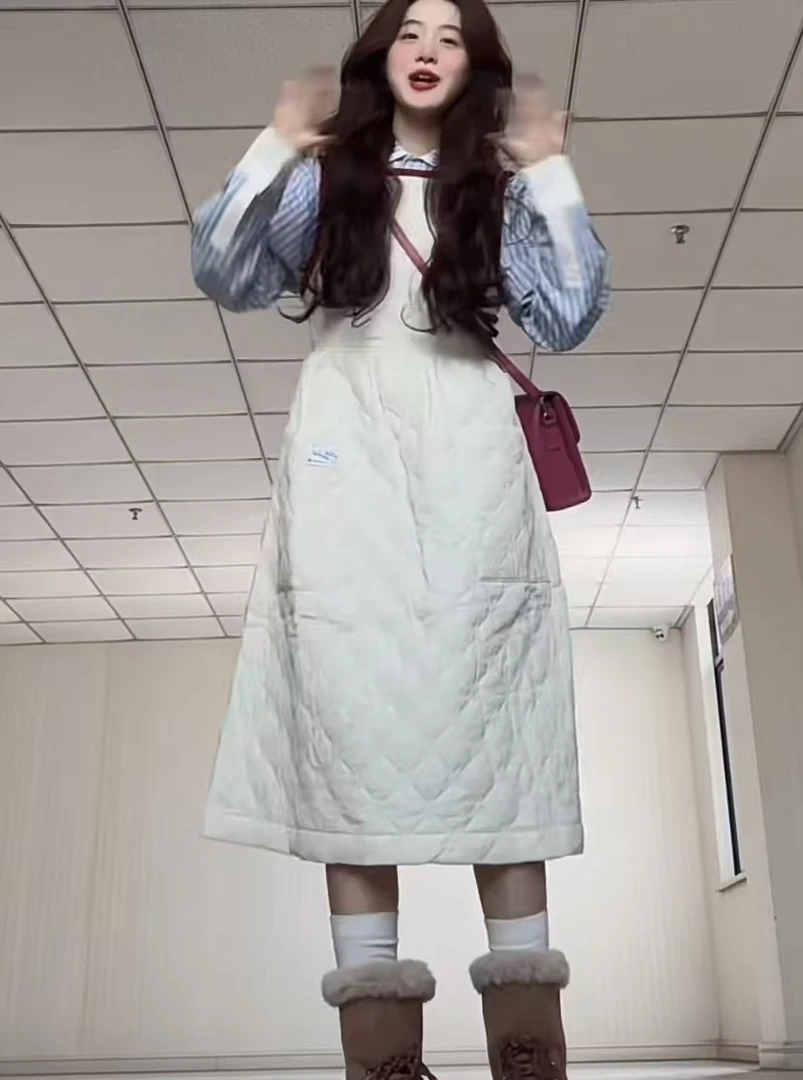 【YIjia】气质时尚减龄穿搭条纹衬衫上衣秋冬菱格中长款背心连衣裙