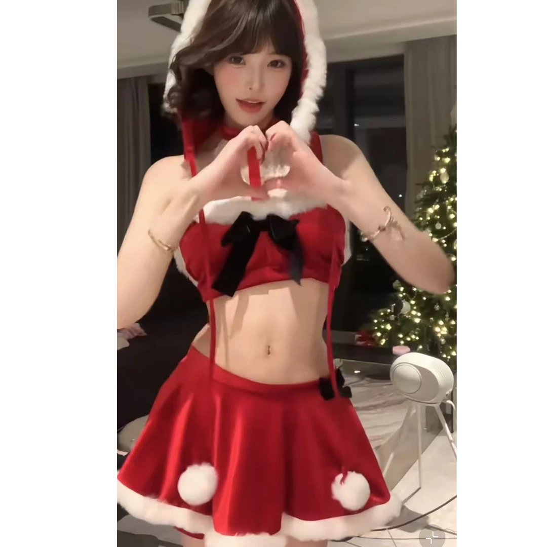 【YIjia】纯欲风辣妹新年圣诞战袍背心上衣围裙打底裙帽子四件套装