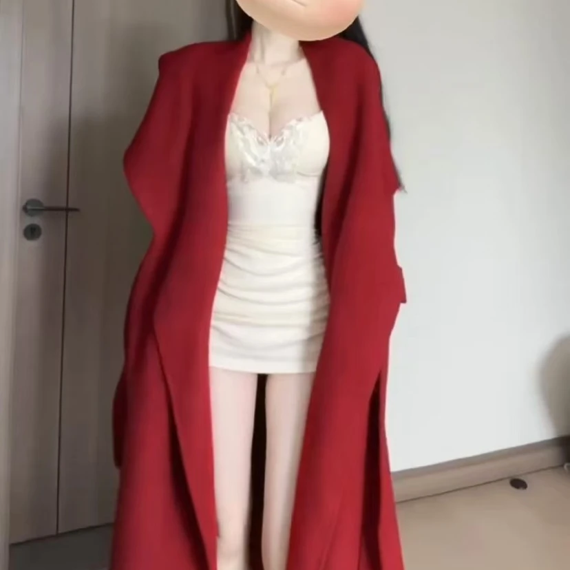 【Yijia】时尚高级感红色中长款过膝大衣外套秋冬吊带打底连衣裙子