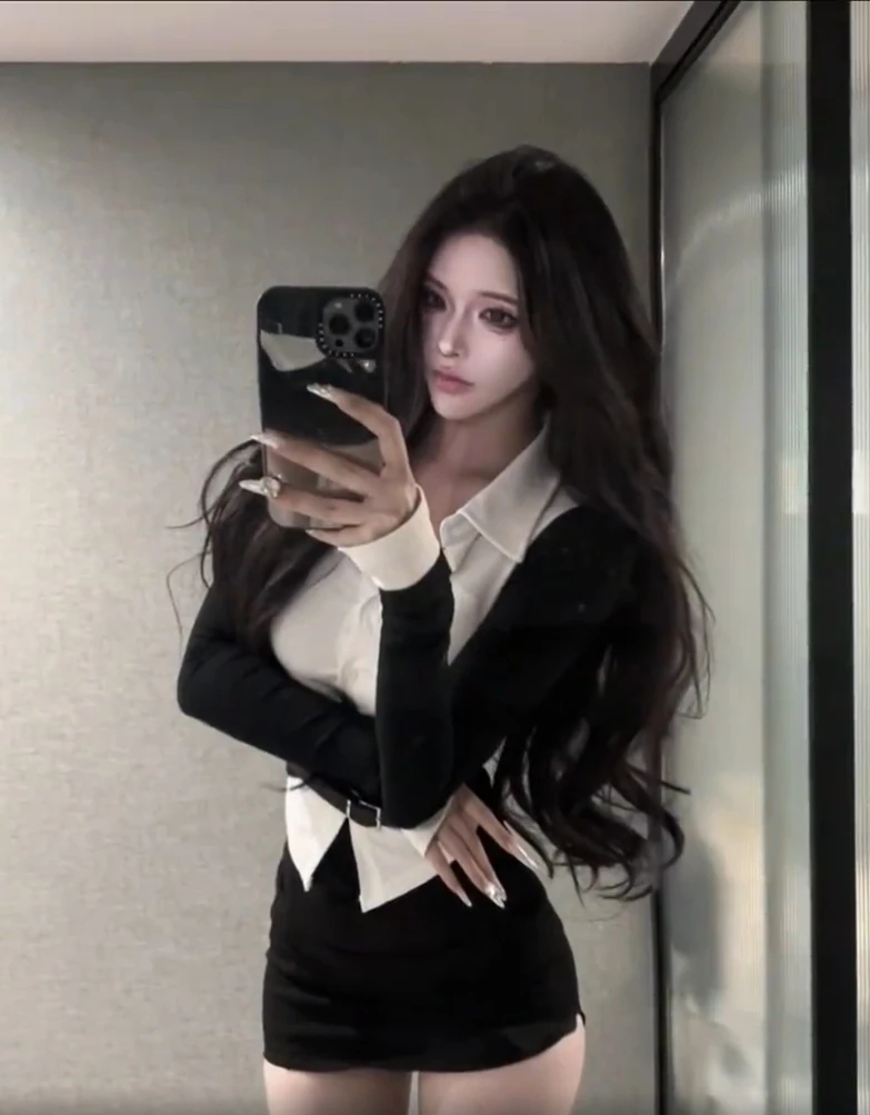 【Yijia】2024秋季新款假两件修身收腰衬衫女长袖辣妹上衣女半身裙