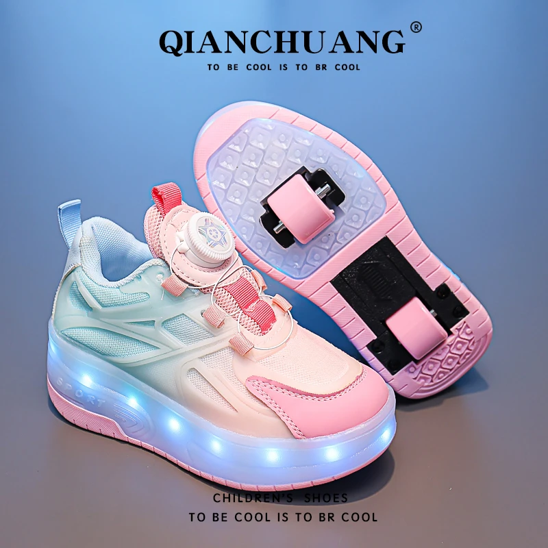 暴走鞋女童春秋季新款儿童旋转纽扣运动鞋中大童发光溜冰滑轮鞋子