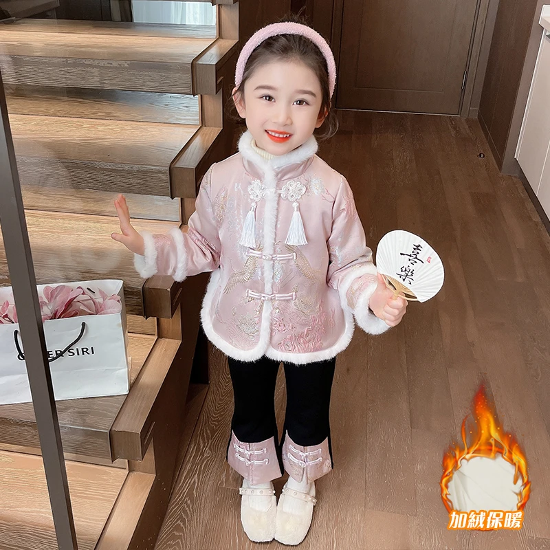 女童流苏盘扣汉服套装女宝宝冬装加绒国潮拜年服儿童冬季保暖唐装