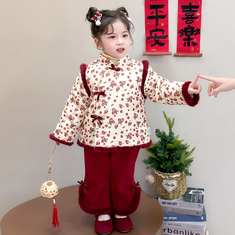 女童唐装套装冬季新款女宝宝加厚国风拜年服儿童冬装洋气汉服保暖