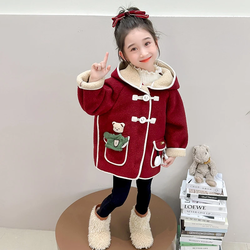 女童呢大衣冬季洋气红色新款小女孩加绒加厚外套儿童冬款保暖年服
