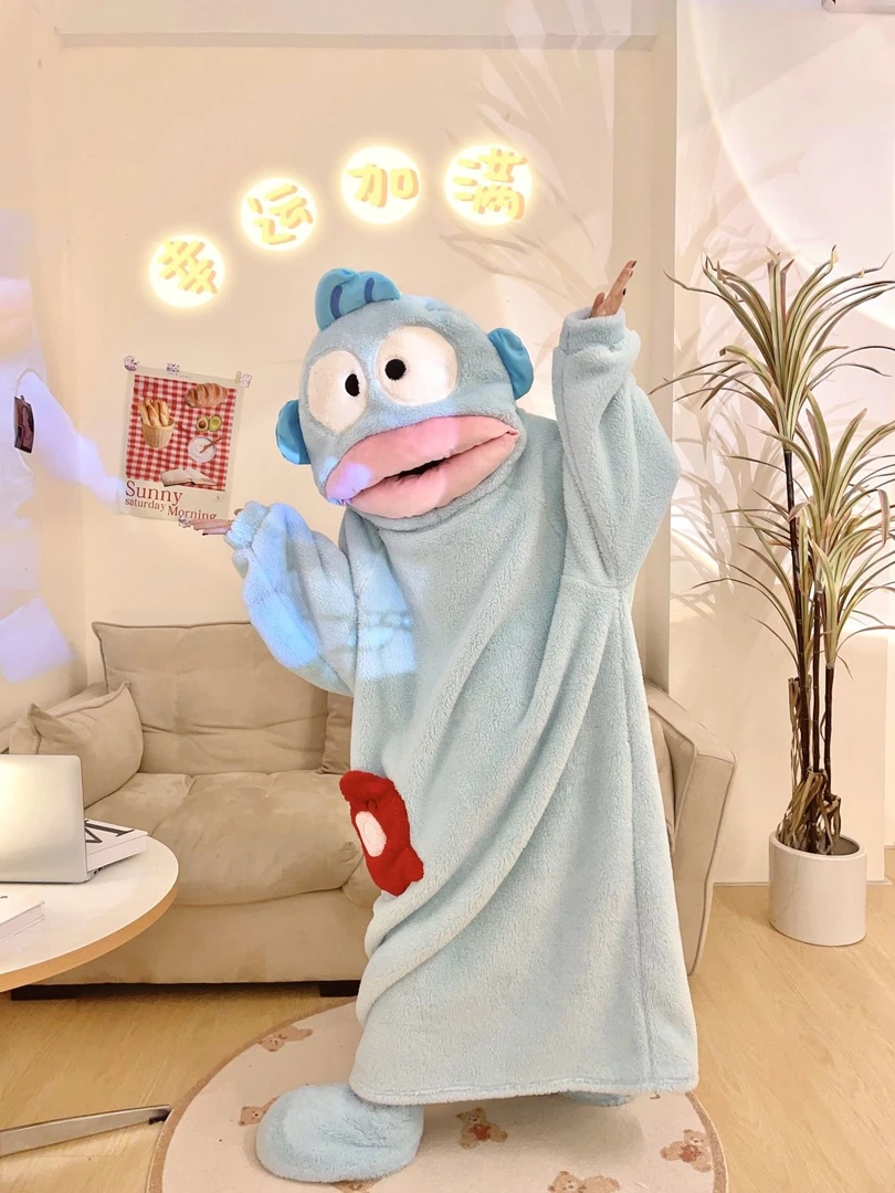 丑鱼情侣连体睡衣男女冬季加厚毛绒珊瑚绒长款加大码搞怪睡裙睡袍