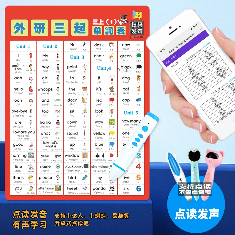 外研三起版英语单词海报挂图卡小学三四五六年级上下册同步含音标