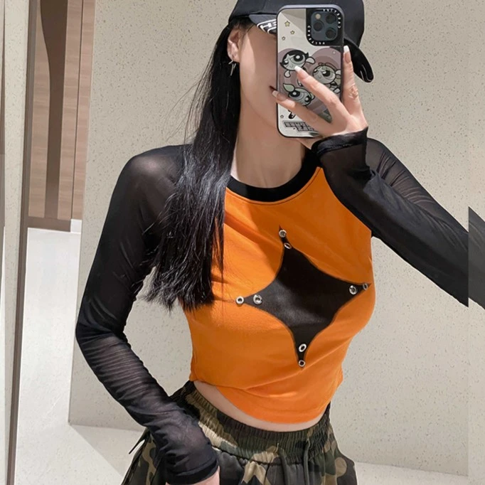 长袖T恤女2023爆款辣妹拼接修身小众撞色网纱插肩袖设计感打底衫