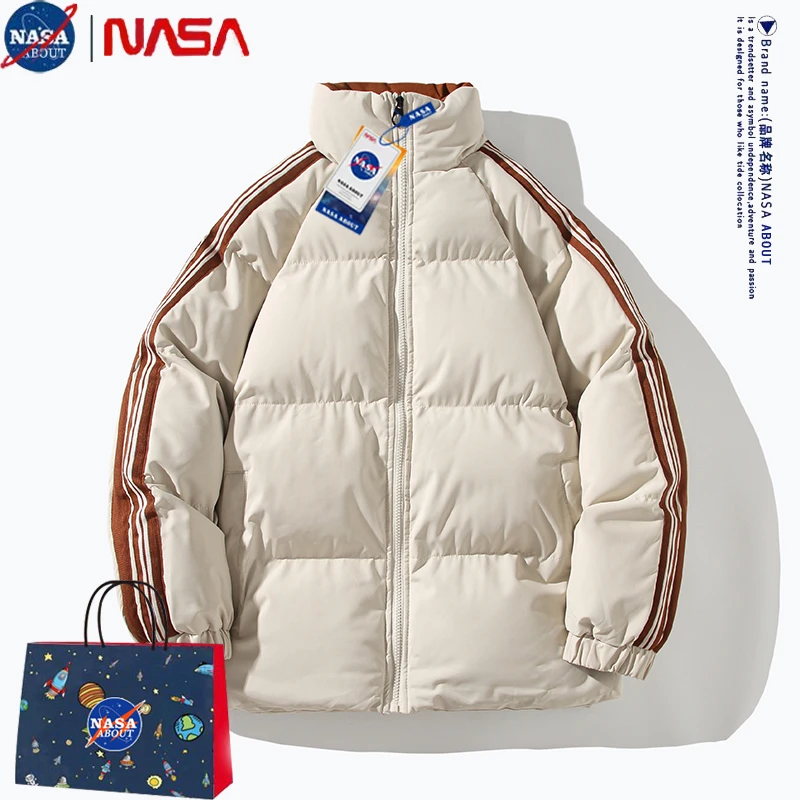 NASA联名冬季立领加厚棉服男外套美式条纹撞色棉袄情侣宽松面包服