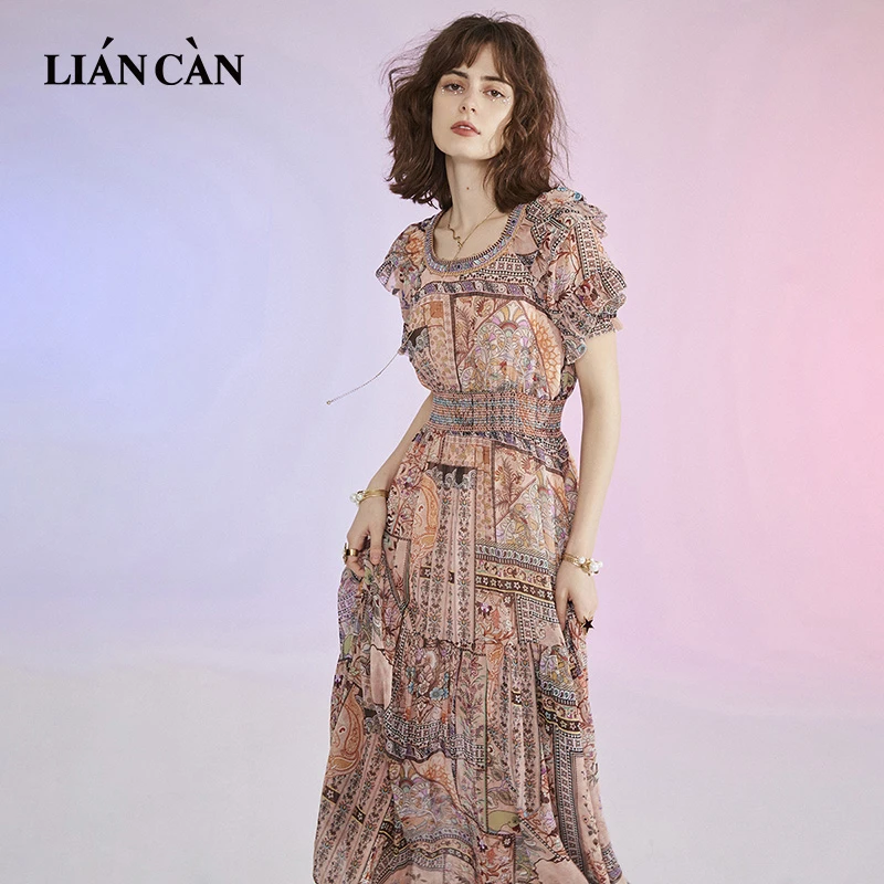 莲灿2024年浪漫波西米亚风插肩袖绣花雪纺短袖连衣裙7122224019