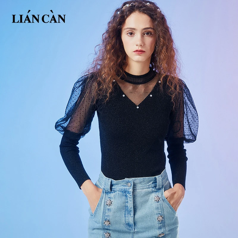 莲灿2024年设计款甜酷浪漫拼接网纱泡泡袖套头针织衫7121333005