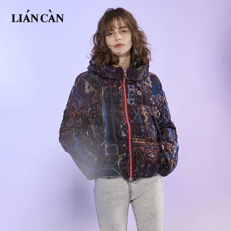 莲灿2024冬季新商场同款复古暗红色连帽印花短款羽绒服71AW373014