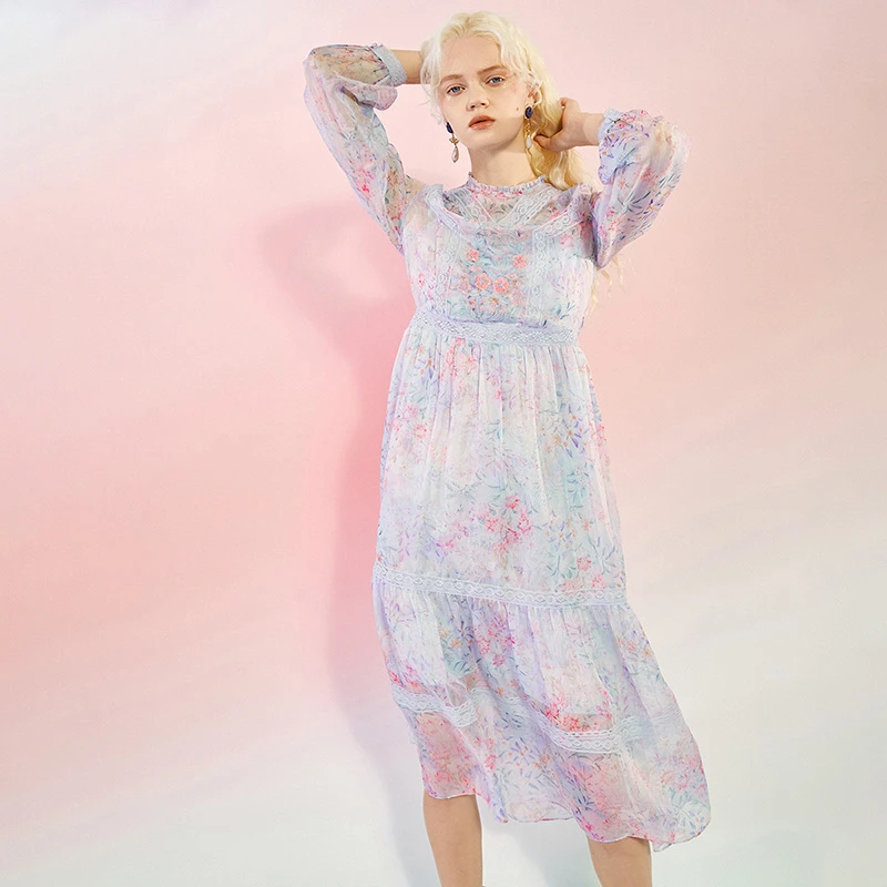 莲灿2024夏新商场同款浪漫绣花蕾丝花边雪纺长袖连衣裙7122124006