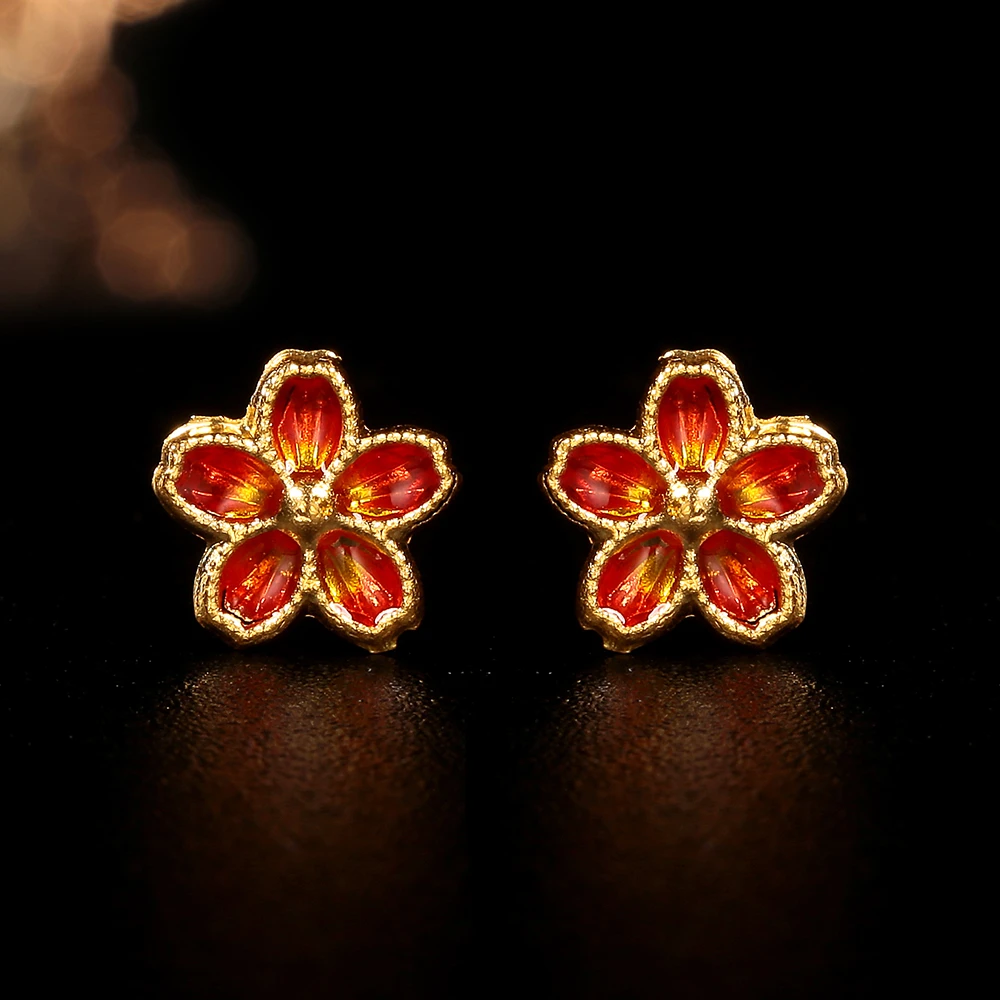 【婉葶设计】18k金烤珐琅红色小花花养耳洞配件