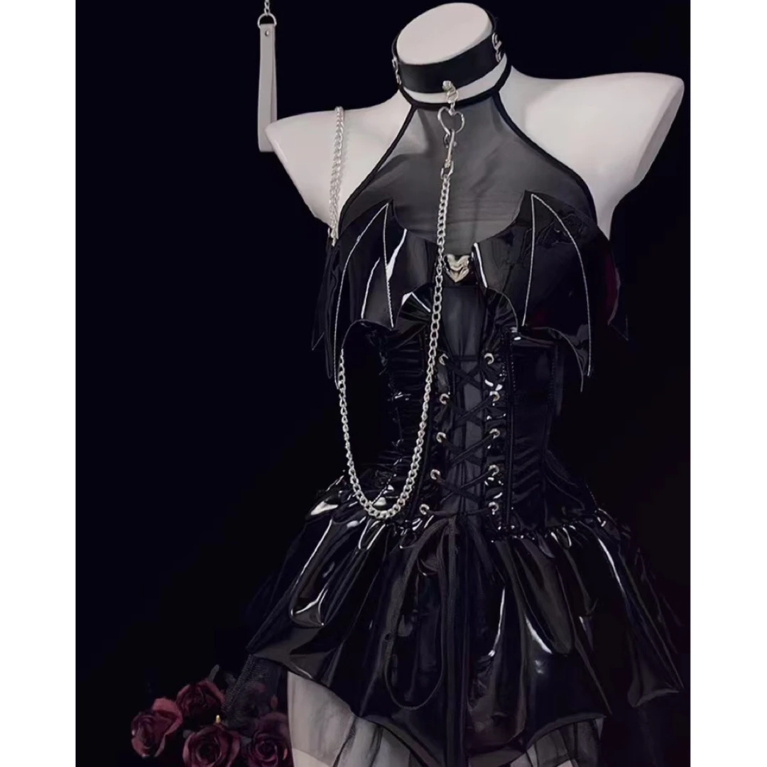 【哥特萝莉】性感小恶魔睡裙亮面漆皮绑带睡衣显瘦二次元cos暗黑系