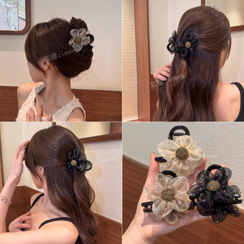 高端网纱水钻花朵抓夹女2024新款马尾夹后脑勺鲨鱼夹半扎发夹头饰