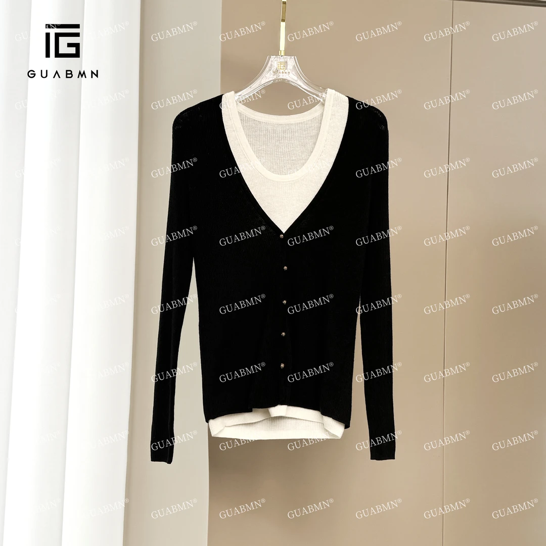 GUABMN2025春季新款圆领假两件针织衫女罗纹肌理套衫3378