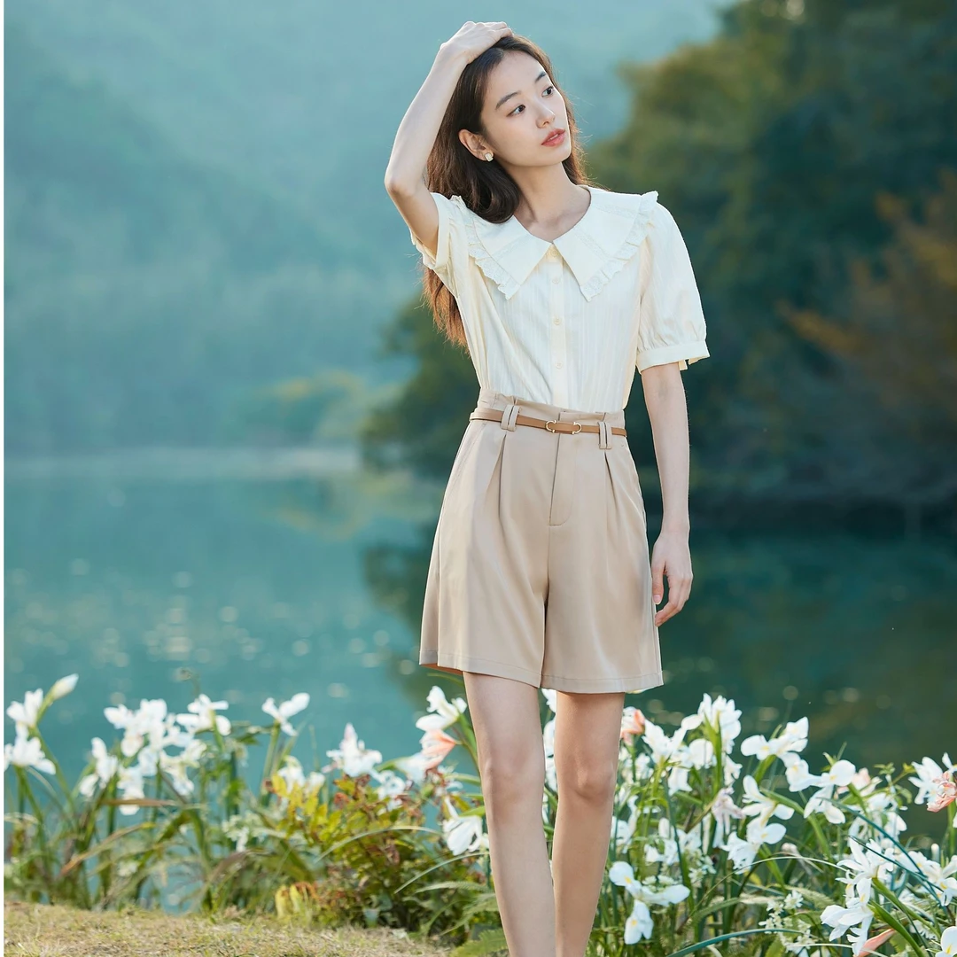 茵曼夏季女短裤阔腿休闲外穿显瘦西装裤A字宽松直筒遮肉新款高腰