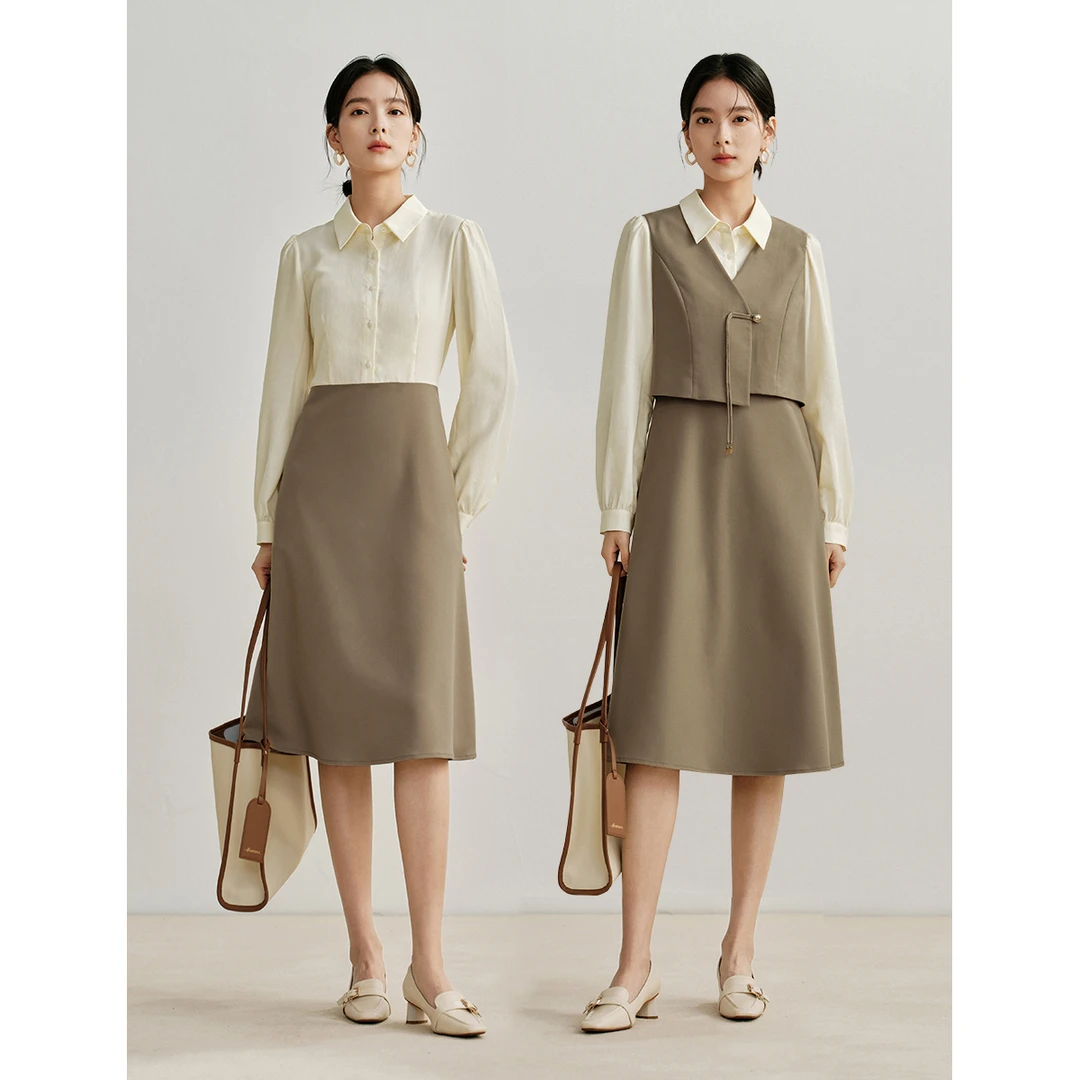 【商场同款】茵曼春秋女连衣裙长裙长袖显瘦衬衫新款藏肉休闲不规则