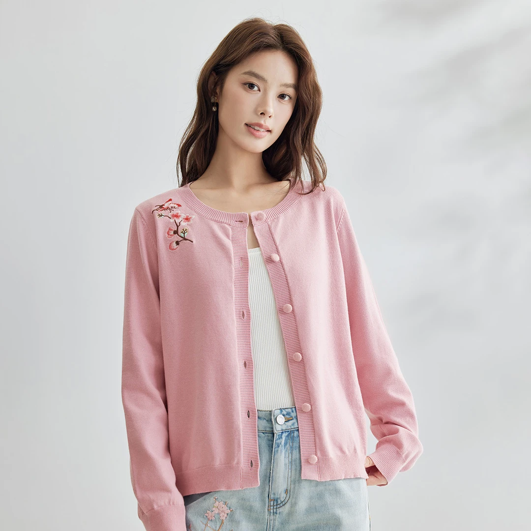 茵曼春秋女毛针织衫毛衣开衫长袖新款纯棉刺绣爆款百搭时尚舒适