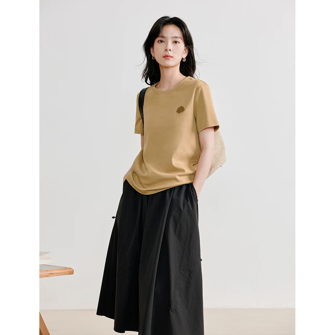 【商场同款】茵曼夏季女T恤短袖纯棉新款显瘦休闲圆领肩上纯色时尚