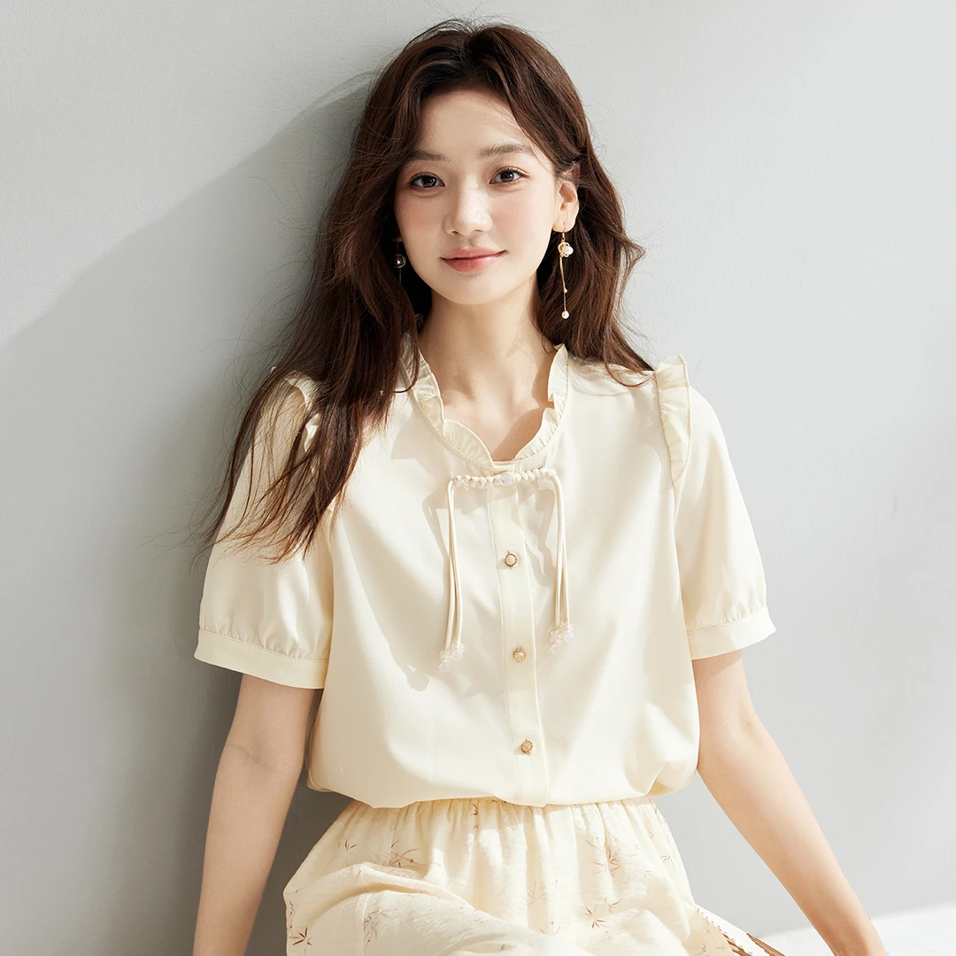 茵曼夏季女衬衫衬衣短袖新款气质休闲圆领纯色中式国风爆款百搭