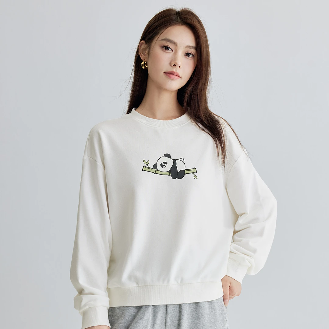 茵曼春秋新款女卫衣/绒衫休闲上衣圆领宽松套头印花卡通冬季