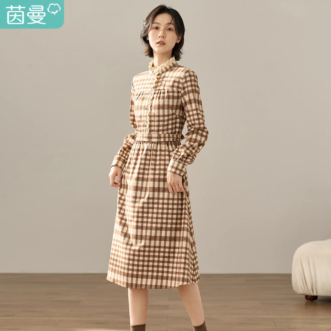 【商场同款】茵曼冬季女连衣裙长袖新款休闲时尚冬装高腰精致格纹