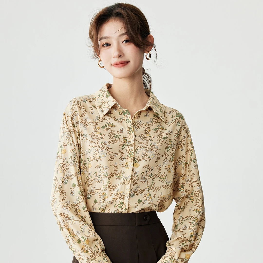 茵曼春秋新款女衬衫上衣衬衣长袖碎花休闲豹纹印花小众复古