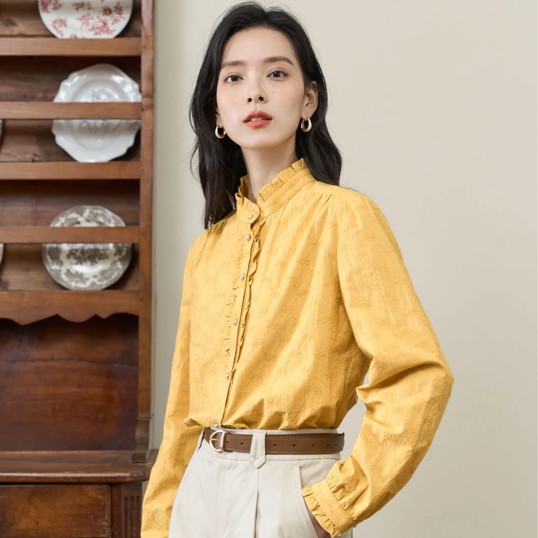 茵曼春秋女衬衫衬衣上衣长袖女装气质新款秋装纯棉休闲通勤半身裙