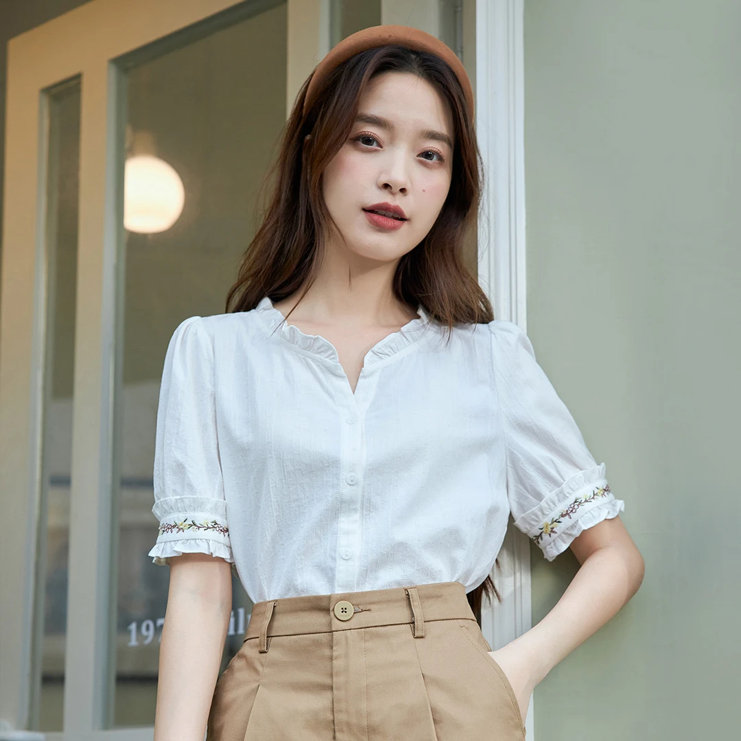 【雅丹风】茵曼2024夏季新款女衬衫衬衣白衬衫短袖气质纯棉休闲白色