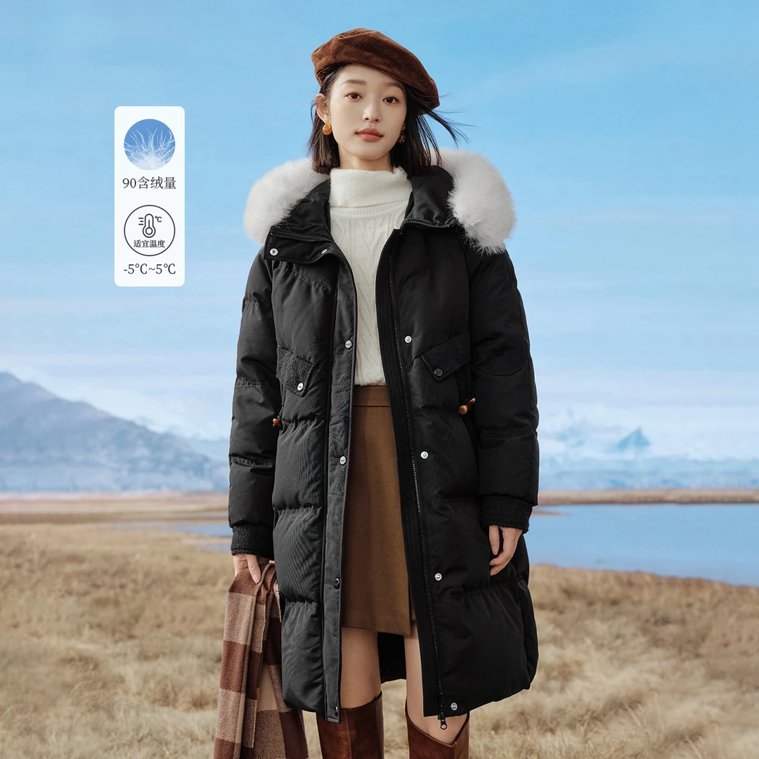【冬季厚外套】茵曼冬季女羽绒服新款女装毛领保暖加厚鸭绒黑色连帽