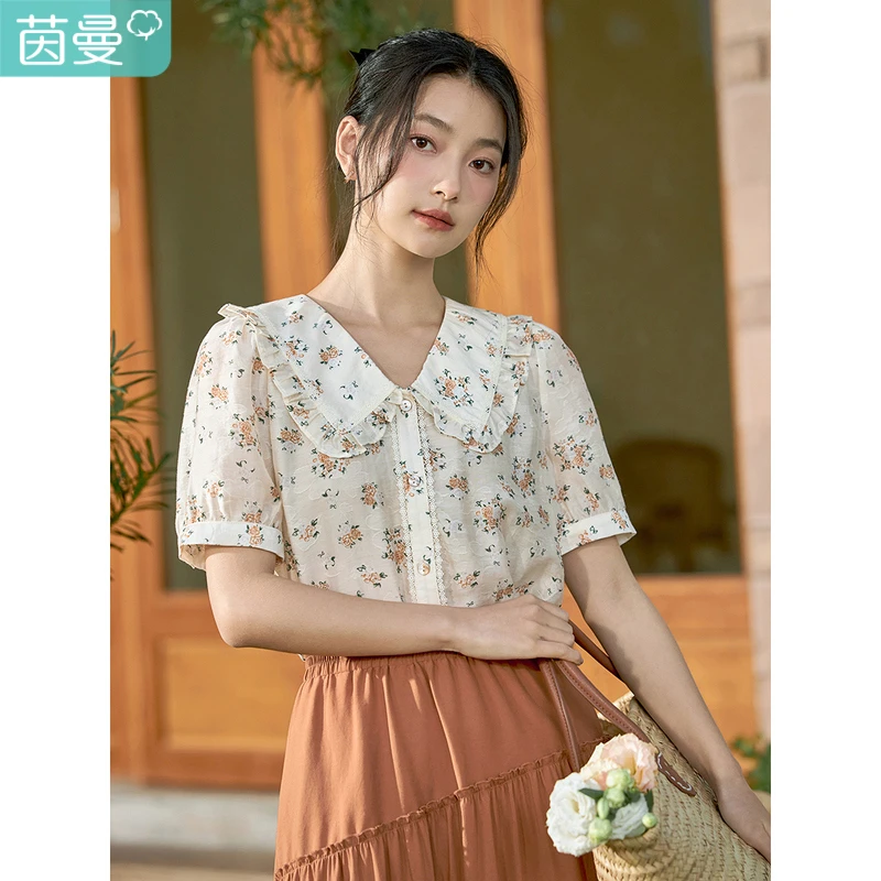 茵曼春秋女衬衫衬衣短袖娃娃新款碎花泡泡袖印花休闲显瘦减龄夏季