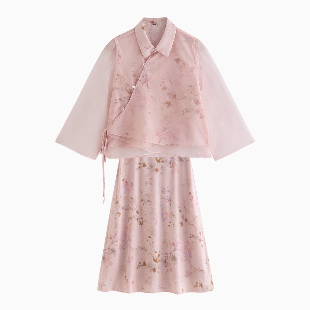 茵曼2024春秋新款女时尚套装两件长袖衬衣休闲碎花子A字裙国风