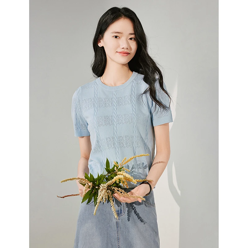 茵曼夏季女毛针织衫上衣新款短袖短款气质圆领套头薄款镂空时尚