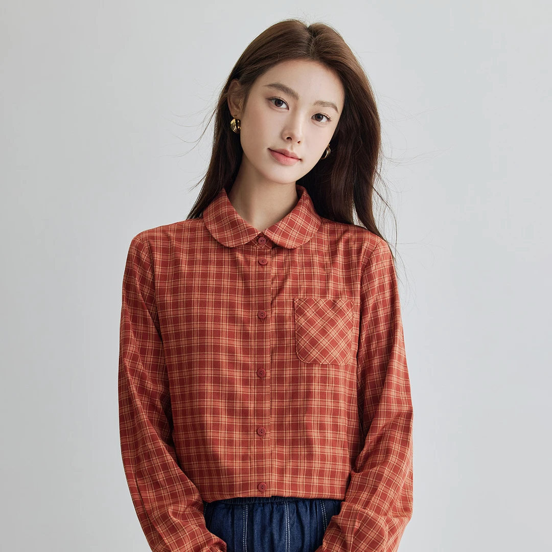 茵曼2024春秋新款女衬衫上衣衬衣长袖格子格纹休闲港风复古冬季