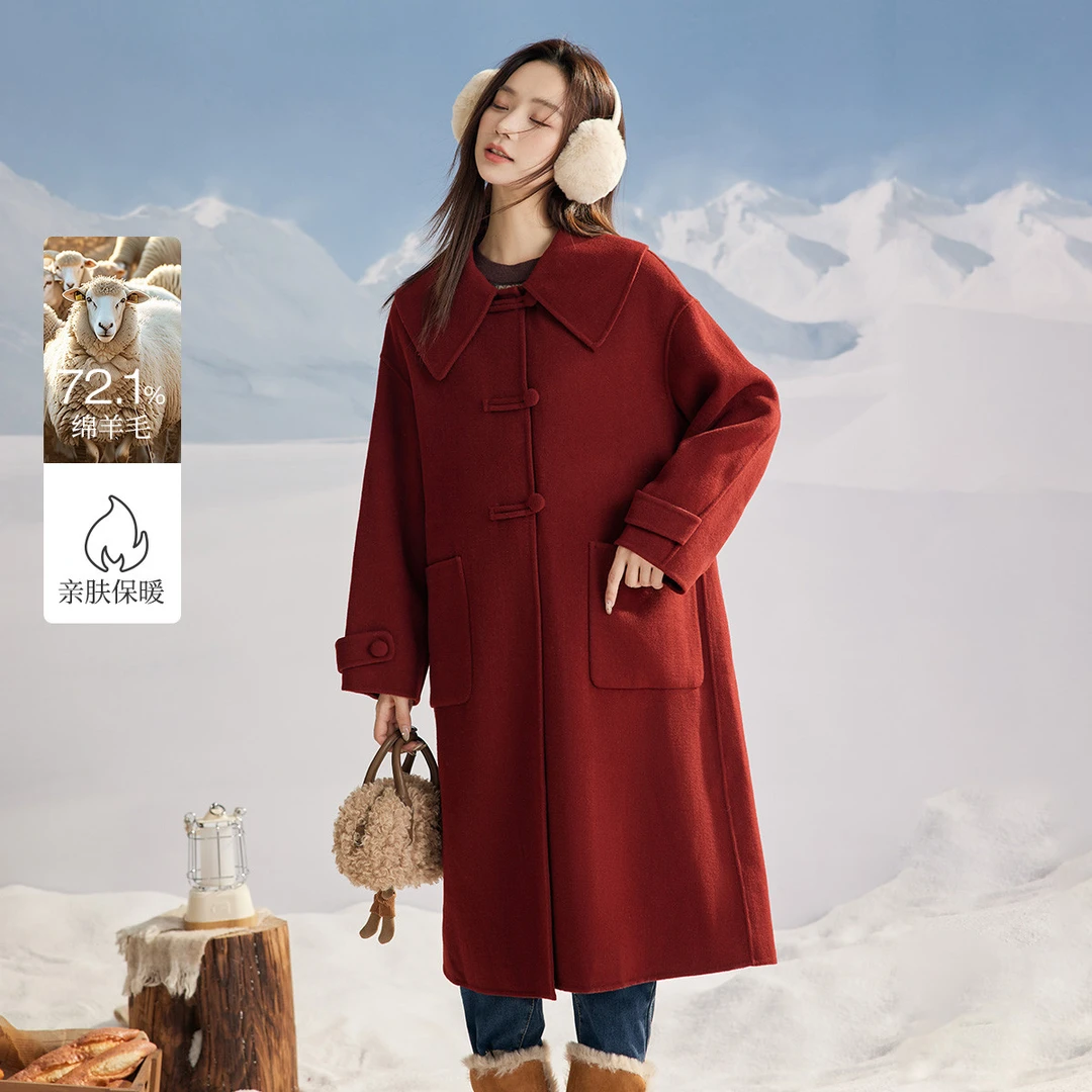 茵曼冬季新款女毛呢外套大衣气质红双面休闲通勤时尚中长款