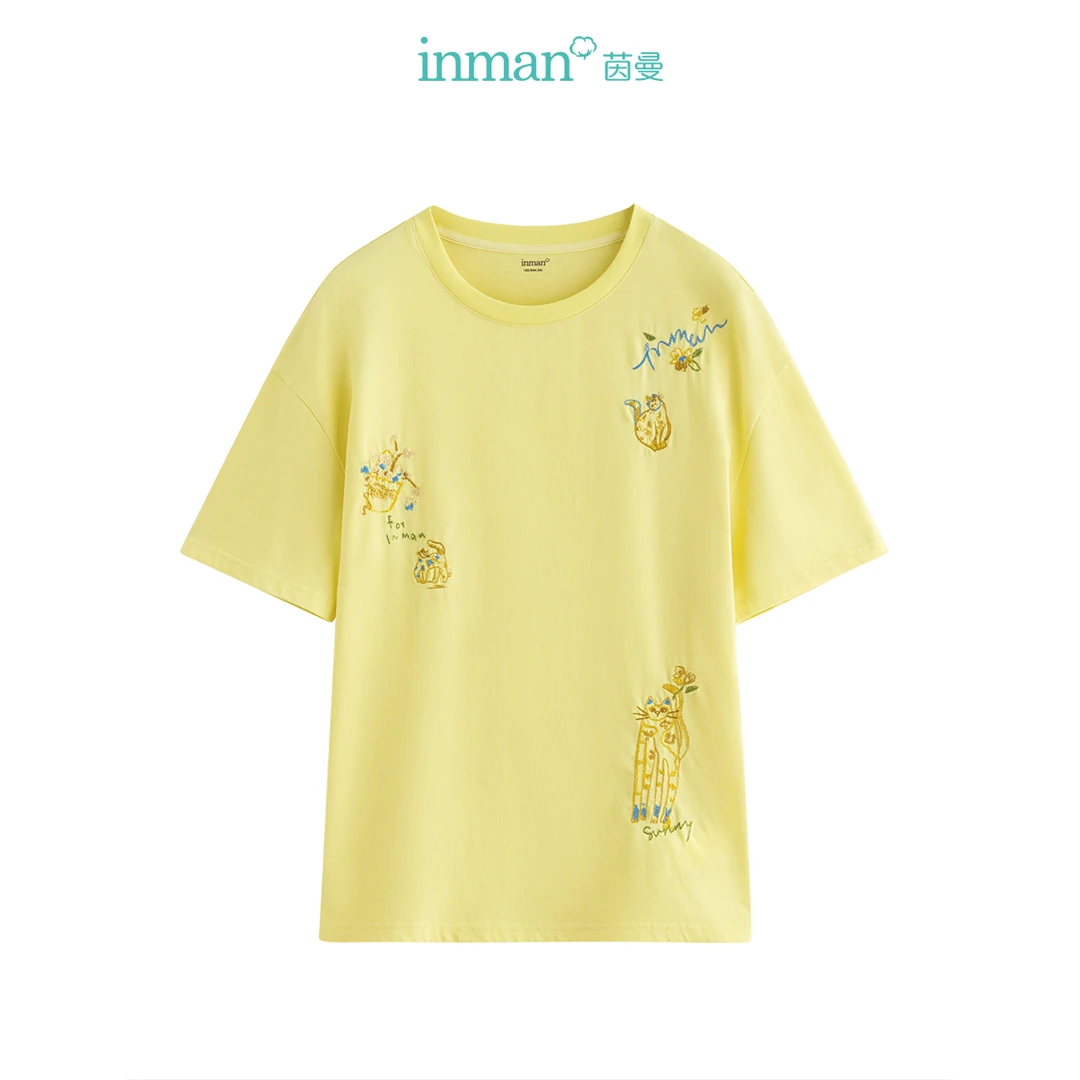 【商场同款】茵曼夏季女T恤上衣短袖纯棉女装休闲宽松新款圆领刺绣