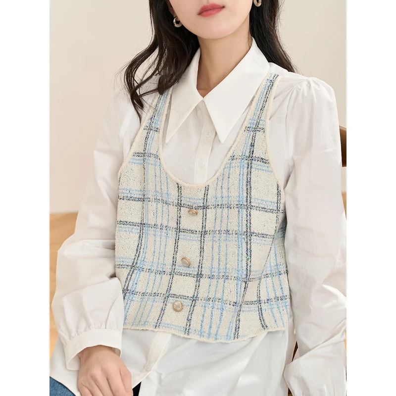 【商场同款】茵曼春秋女衬衫衬衣长袖格子新款纯棉休闲马甲格纹甜美