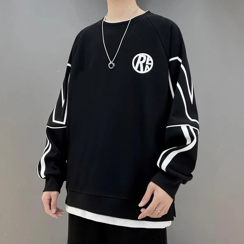 加绒可选】假两件秋冬季青少年卫衣男士潮牌圆领男生百搭秋装外套