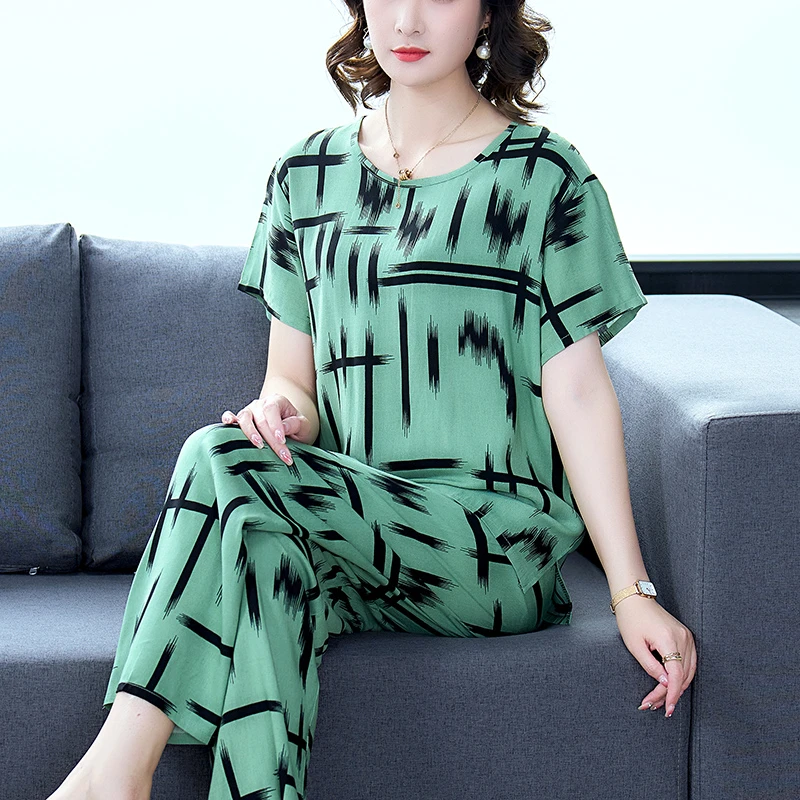 睡衣女春夏新款夏天棉绸套头短袖妈妈家居服可外穿宽松套装气质