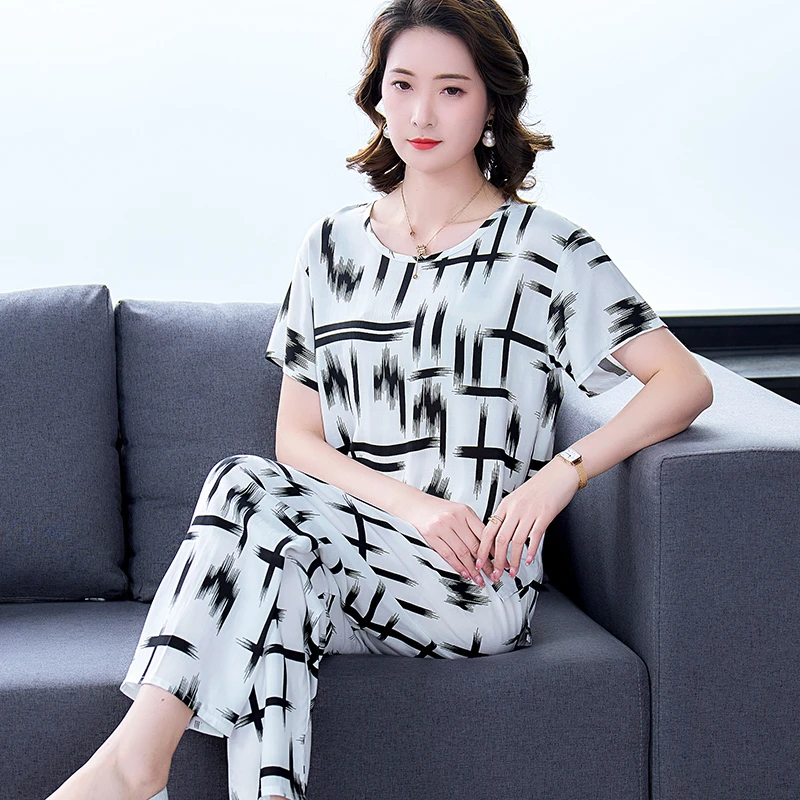 妈妈棉绸睡衣女夏薄款中老年人造绵绸短袖套头空调家居服套装奶奶