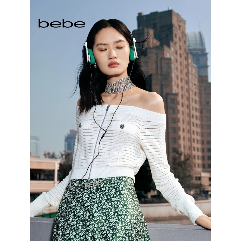 【博主同款】bebe春季新品女短款拉链一字肩针织开衫130513