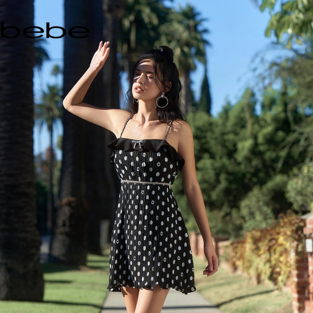 bebe  夏季新款女士撞色花边波点印花连衣裙250076