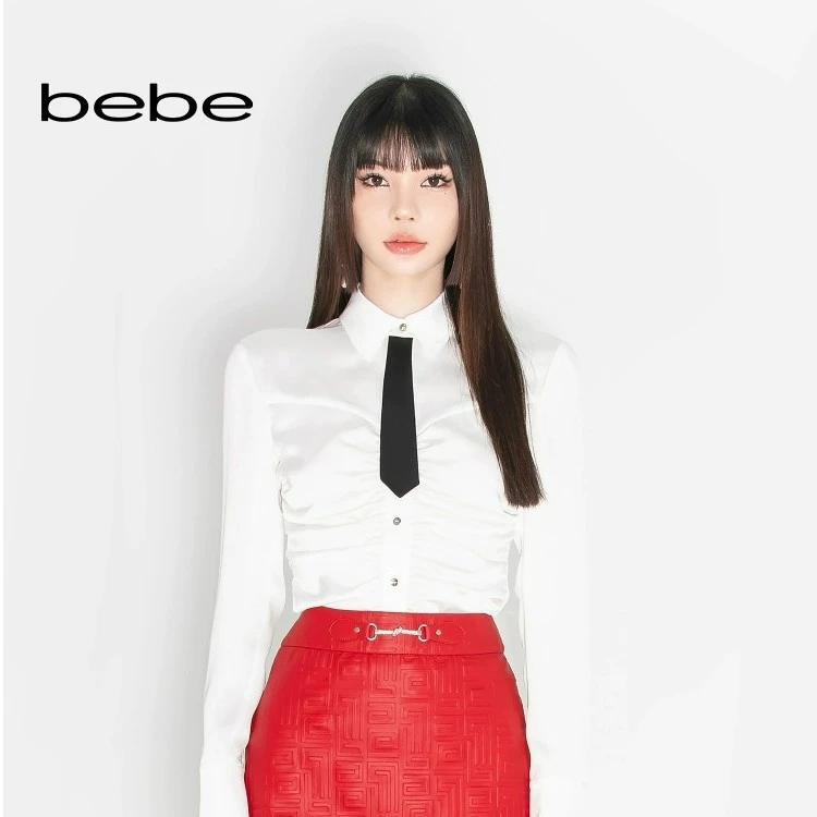 bebe秋冬系列女士假领带纯色捏褶修身气质设计感衬衫360102