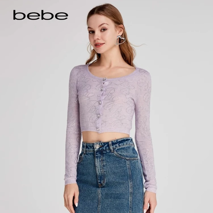 bebe新款女士圆领通勤长袖烫钻针织开衫130501