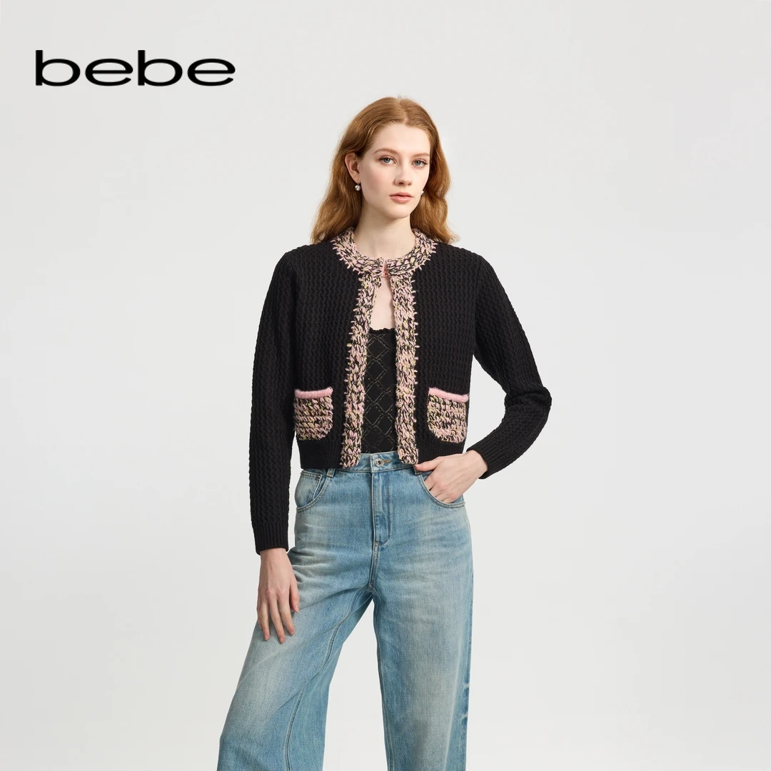 bebe冬季系列女士含羊毛休闲撞色花式纱线钩针针织开衫430603