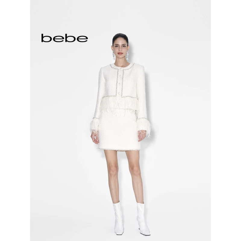 bebe【明星同款】新款女士纯色百搭短款圆领外套440322