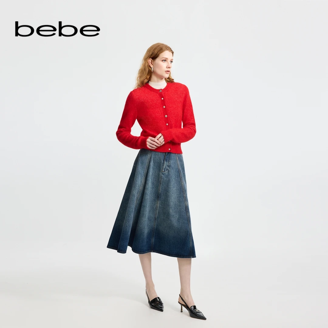 【新年甄选可露丽】bebe冬季女士羊驼毛带纽扣气质针织开衫430504